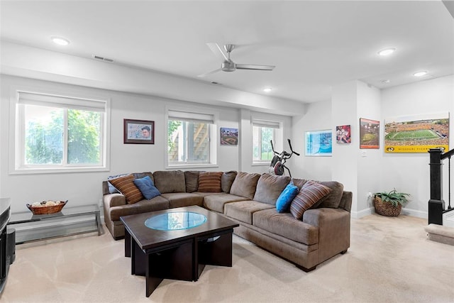 1017 Kilderkin Way, Saint Charles, MO 63301 - living area featuring light colored carpet, ceiling fan, recessed lighting, and baseboards