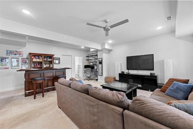 1017 Kilderkin Way, Saint Charles, MO 63301 - living area featuring a bar, ceiling fan, light carpet, recessed lighting, and baseboards