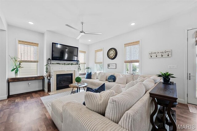 1017 Kilderkin Way, Saint Charles, MO 63301 - living area featuring a ceiling fan, wood finished floors, a fireplace with flush hearth, baseboards, and recessed lighting