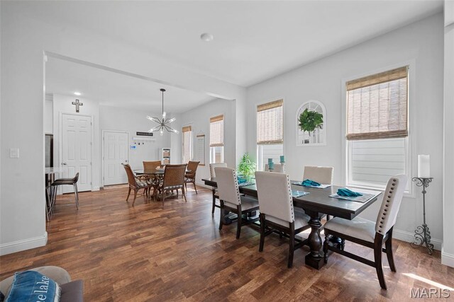 1017 Kilderkin Way, Saint Charles, MO 63301 - dining room with baseboards, dark wood-type flooring, a chandelier, and recessed lighting