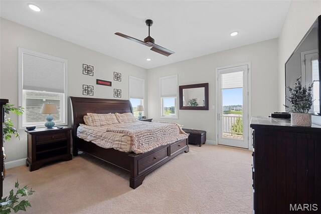 1017 Kilderkin Way, Saint Charles, MO 63301 - bedroom featuring access to exterior, light carpet, multiple windows, and recessed lighting