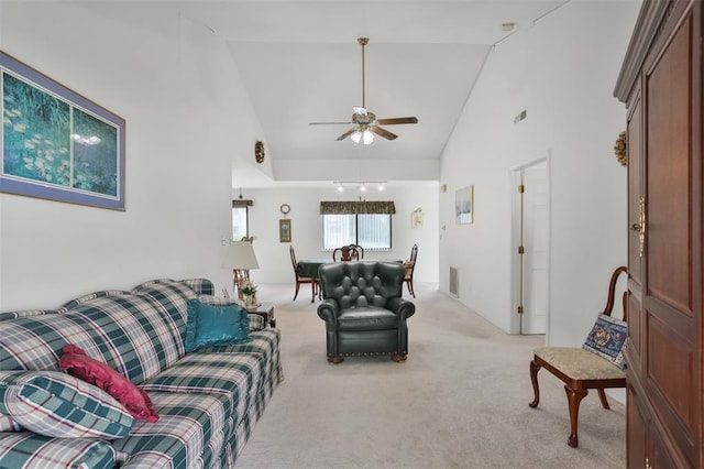 1306 Glendale Gardens Dr Unit C, Glendale, MO 63122 - living area with light colored carpet, a ceiling fan, and high vaulted ceiling