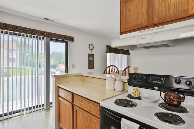 1306 Glendale Gardens Dr Unit C, Glendale, MO 63122 - kitchen featuring range with electric stovetop, under cabinet range hood, light countertops, and brown cabinets