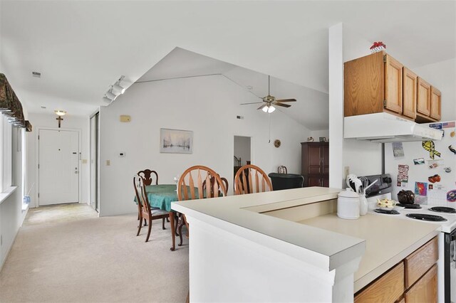 1306 Glendale Gardens Dr Unit C, Glendale, MO 63122 - kitchen featuring under cabinet range hood, electric range, light carpet, ceiling fan, and light countertops