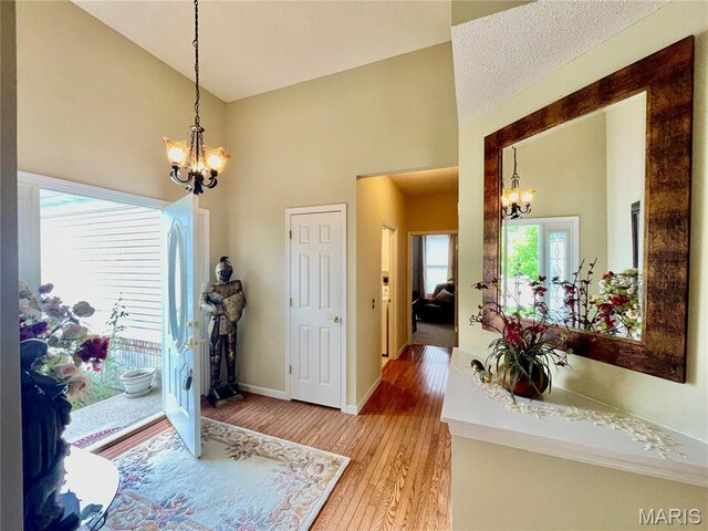 2087 Hawks Landing Dr, Lake St Louis, MO 63367 - foyer with a chandelier, light wood-style flooring, and high vaulted ceiling