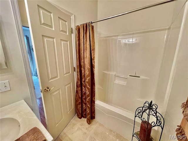 2087 Hawks Landing Dr, Lake St Louis, MO 63367 - full bathroom featuring shower / bath combo with shower curtain, vanity, and tile patterned flooring