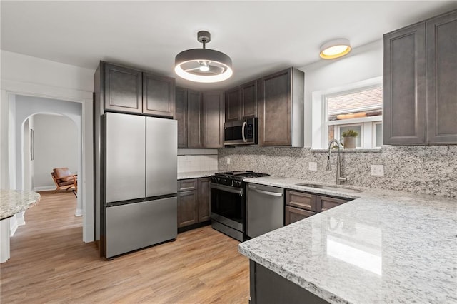 6927 Lansdowne Ave, Saint Louis, MO 63109 - kitchen with appliances with stainless steel finishes, a sink, decorative backsplash, arched walkways, and light wood-style floors
