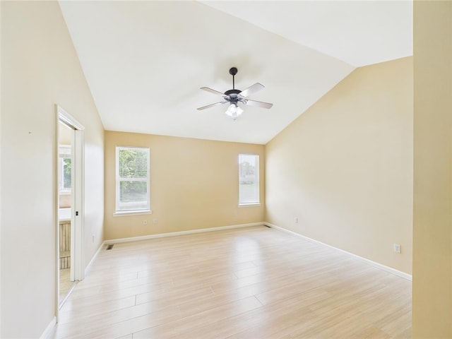 14800 County Road 448, St James, MO 65559 - empty room with lofted ceiling, a ceiling fan, light wood-type flooring, and baseboards