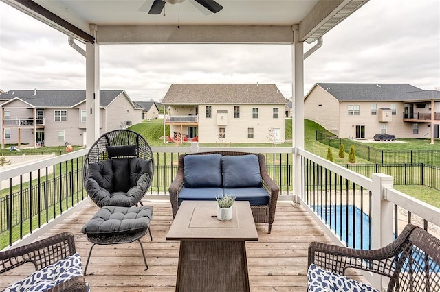 223 Ellington Ct, Glen Carbon, IL 62034 - wooden deck with ceiling fan, an outdoor living space, and a residential view