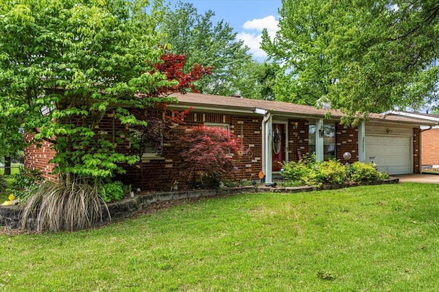 930 Laredo Ave, Saint Louis, MO 63138 - ranch-style home featuring a garage, brick siding, a front lawn, and concrete driveway