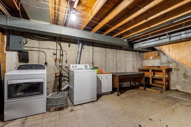 930 Laredo Ave, Saint Louis, MO 63138 - unfinished basement with washer and clothes dryer, electric panel, and light flooring