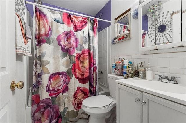 930 Laredo Ave, Saint Louis, MO 63138 - bathroom featuring shower / tub combo with curtain, toilet, decorative backsplash, and vanity