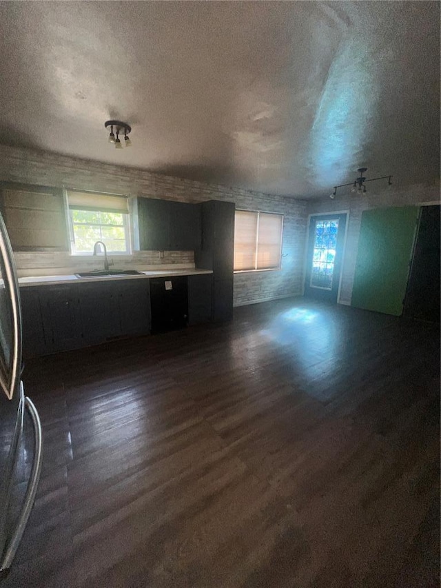 14345 Howard Ln, Dixon, MO 65459 - unfurnished living room featuring a sink, dark wood-style flooring, and a textured ceiling