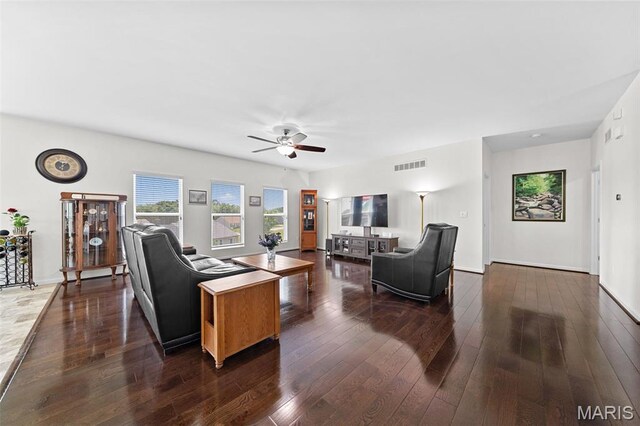 38 Crystal Manor Ct, Wentzville, MO 63385 - living room with a ceiling fan, dark wood finished floors, and baseboards