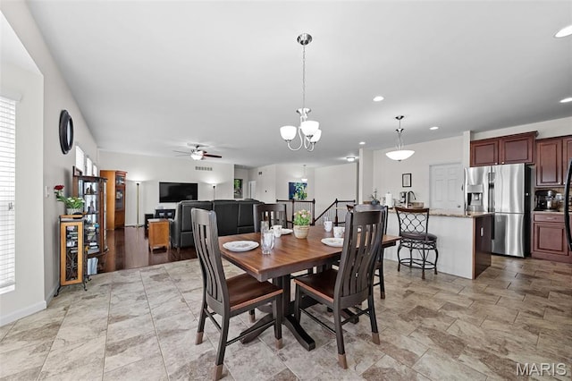 38 Crystal Manor Ct, Wentzville, MO 63385 - dining space with ceiling fan, recessed lighting, baseboards, and a chandelier
