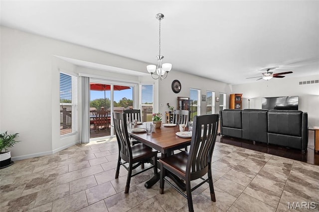 38 Crystal Manor Ct, Wentzville, MO 63385 - dining room featuring ceiling fan, baseboards, and a chandelier