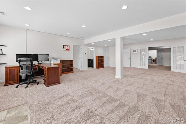 38 Crystal Manor Ct, Wentzville, MO 63385 - office area featuring light carpet, recessed lighting, french doors, and baseboards