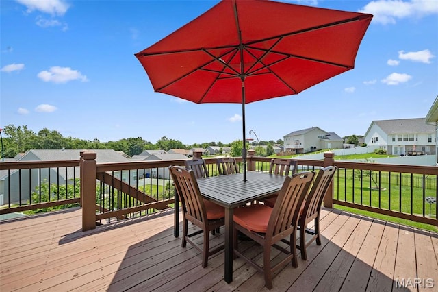 38 Crystal Manor Ct, Wentzville, MO 63385 - wooden deck with a residential view, a yard, and outdoor dining space