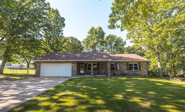 20336 Scholar Ln, Waynesville, MO 65583 - single story home with a garage, driveway, a front yard, and brick siding
