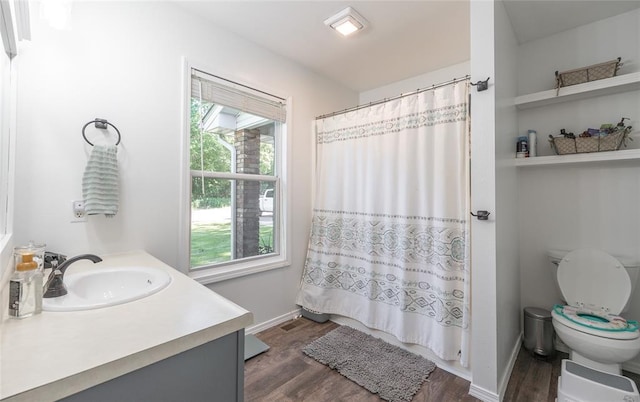 20336 Scholar Ln, Waynesville, MO 65583 - bathroom featuring wood finished floors, toilet, vanity, and a shower with shower curtain