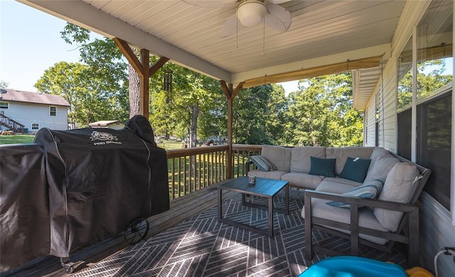 20336 Scholar Ln, Waynesville, MO 65583 - wooden deck with outdoor lounge area, a ceiling fan, and grilling area