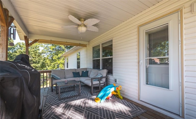 20336 Scholar Ln, Waynesville, MO 65583 - deck featuring an outdoor hangout area, ceiling fan, and grilling area