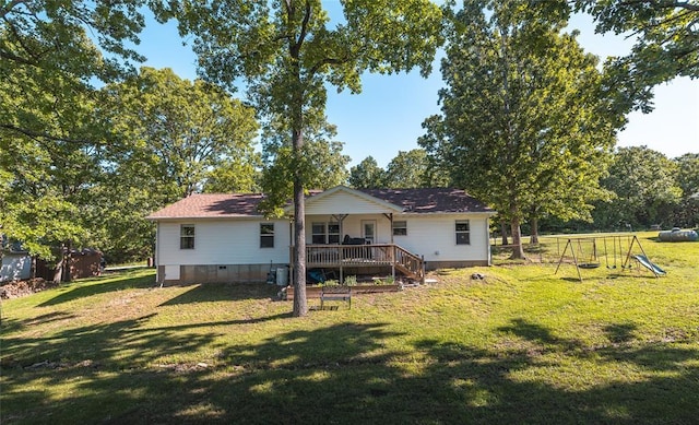 20336 Scholar Ln, Waynesville, MO 65583 - back of house featuring a lawn, a wooden deck, and crawl space