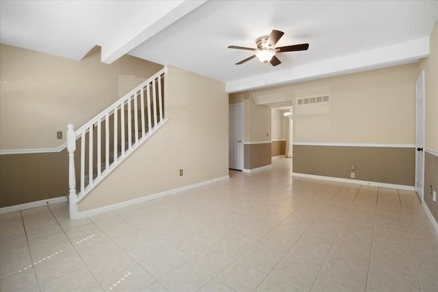 11846 Sologne Ct, Maryland Heights, MO 63043 - tiled empty room with stairway, ceiling fan, beam ceiling, and baseboards