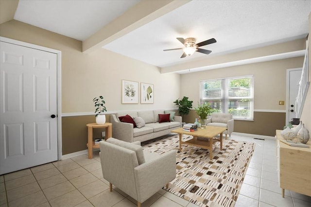 11846 Sologne Ct, Maryland Heights, MO 63043 - living area with light tile patterned floors, ceiling fan, baseboards, and beamed ceiling