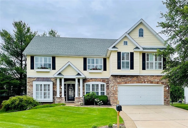 26 Patriarch Ct, Saint Peters, MO 63376 - craftsman house featuring stone siding, a front lawn, a garage, and concrete driveway
