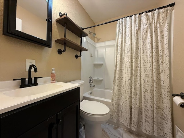 7729 Humbert Rd, Godfrey, IL 62035 - full bathroom featuring shower / tub combo with curtain, vanity, toilet, and marble look tiles