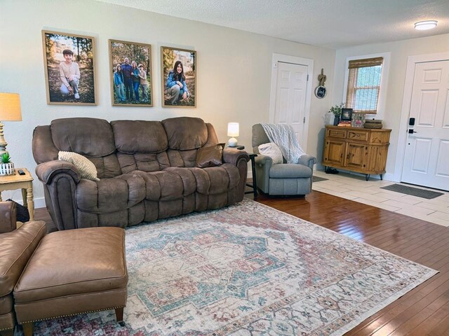 11181 Shady Ln, Dexter, MO 63841 - living area with hardwood / wood-style floors, a textured ceiling, and baseboards