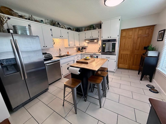 11181 Shady Ln, Dexter, MO 63841 - kitchen featuring stainless steel appliances, a sink, under cabinet range hood, tasteful backsplash, and white cabinets
