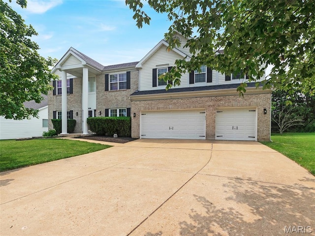 1165 Nooning Tree Dr, Chesterfield, MO 63017 - view of front of property with driveway, brick siding, a garage, and a front lawn