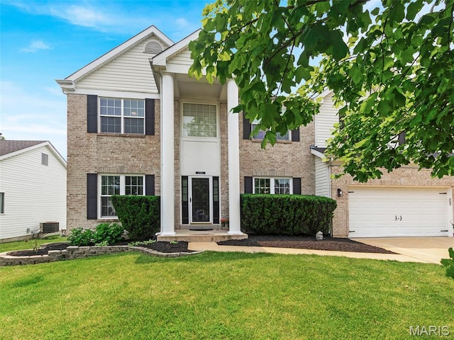 1165 Nooning Tree Dr, Chesterfield, MO 63017 - neoclassical home featuring brick siding, concrete driveway, a front yard, a garage, and central AC unit