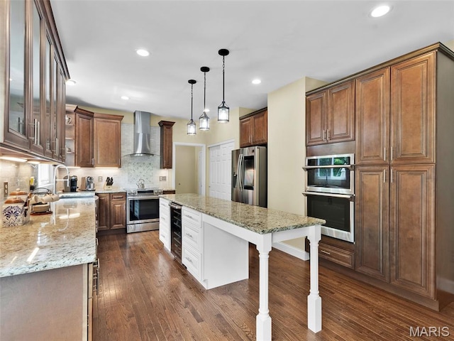 1165 Nooning Tree Dr, Chesterfield, MO 63017 - kitchen featuring wall chimney exhaust hood, stainless steel appliances, wine cooler, backsplash, and light stone countertops