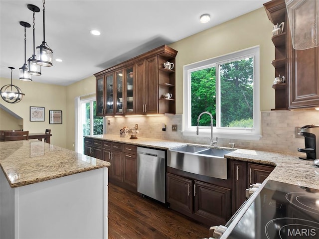 1165 Nooning Tree Dr, Chesterfield, MO 63017 - kitchen featuring open shelves, a sink, dishwasher, pendant lighting, and recessed lighting