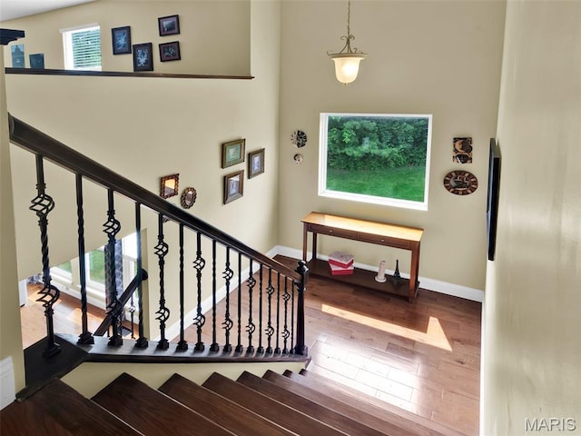 1165 Nooning Tree Dr, Chesterfield, MO 63017 - staircase with wood finished floors and baseboards