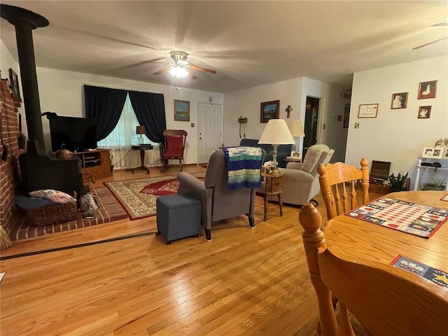 95 W Lakeview Dr, De Soto, MO 63020 - living room with a ceiling fan, a wood stove, and hardwood / wood-style flooring