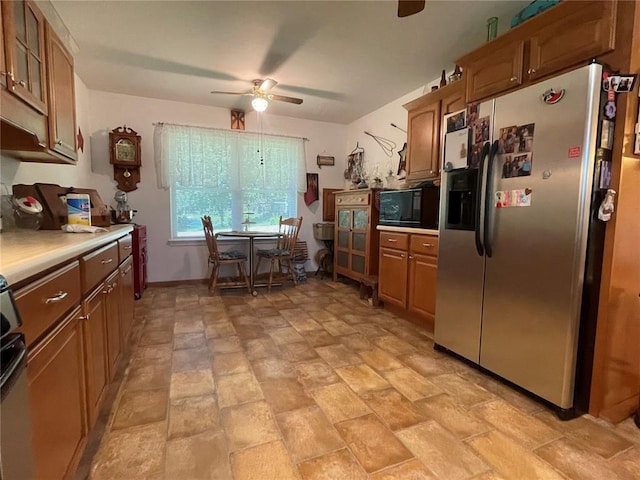95 W Lakeview Dr, De Soto, MO 63020 - kitchen featuring stainless steel refrigerator with ice dispenser, ceiling fan, light countertops, and black microwave