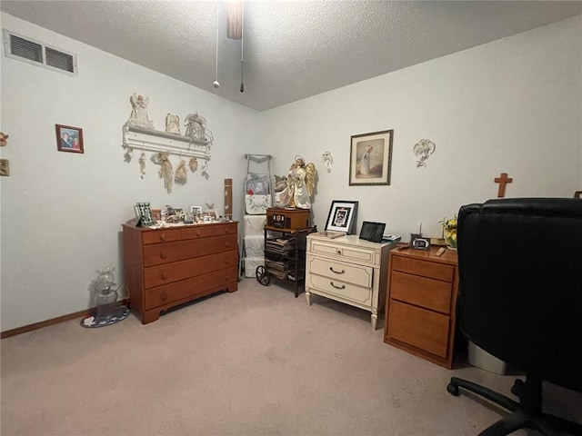 95 W Lakeview Dr, De Soto, MO 63020 - home office featuring light colored carpet, a textured ceiling, and baseboards