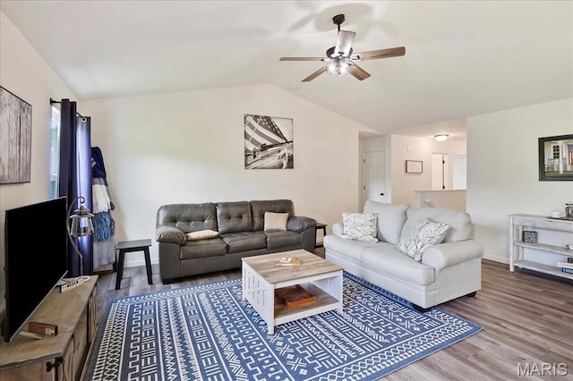 800 Boulder Crest Ct, Eureka, MO 63025 - living room featuring a ceiling fan, lofted ceiling, wood finished floors, and baseboards