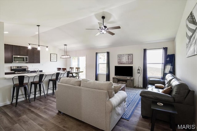 800 Boulder Crest Ct, Eureka, MO 63025 - living area with lofted ceiling, ceiling fan, and dark wood finished floors