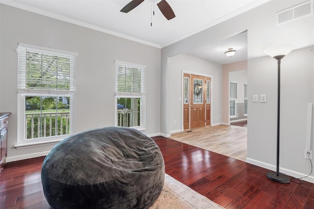 3912 Jacobs Lndg, Saint Charles, MO 63304 - sitting room with ornamental molding, wood finished floors, a ceiling fan, and baseboards
