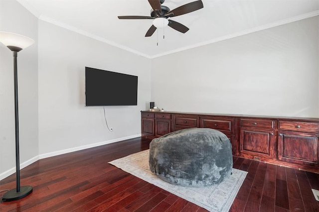 3912 Jacobs Lndg, Saint Charles, MO 63304 - sitting room with dark wood-style floors, baseboards, a ceiling fan, and ornamental molding