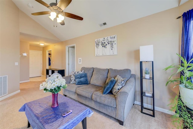 480 Benton Dr Unit L, Saint Peters, MO 63376 - living room featuring light colored carpet, vaulted ceiling, baseboards, and a ceiling fan
