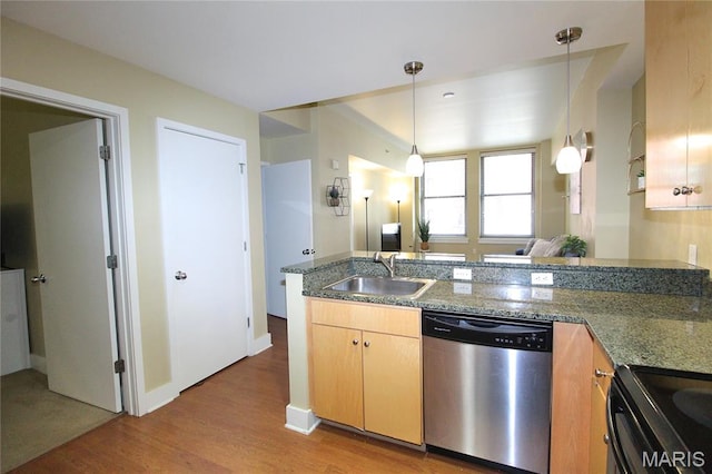 314 N Broadway Unit 603, Saint Louis, MO 63102 - kitchen featuring stainless steel dishwasher, a peninsula, wood finished floors, hanging light fixtures, and electric range