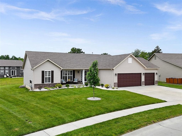 217 Arlington Dr, Moscow Mills, MO 63362 - single story home with an attached garage, concrete driveway, a front lawn, and a shingled roof