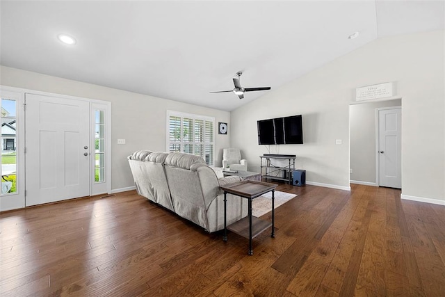 217 Arlington Dr, Moscow Mills, MO 63362 - living room featuring vaulted ceiling, a ceiling fan, dark wood-style floors, baseboards, and recessed lighting