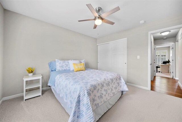 217 Arlington Dr, Moscow Mills, MO 63362 - bedroom with carpet, baseboards, a closet, and a ceiling fan